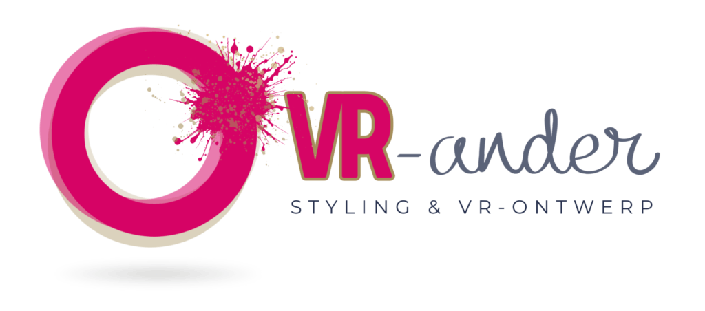 Logo met een roze en gouden ring bespat met roze verf, daarnaast de tekst "VR-ander" en daaronder "STYLING & VR-ONTWERP".