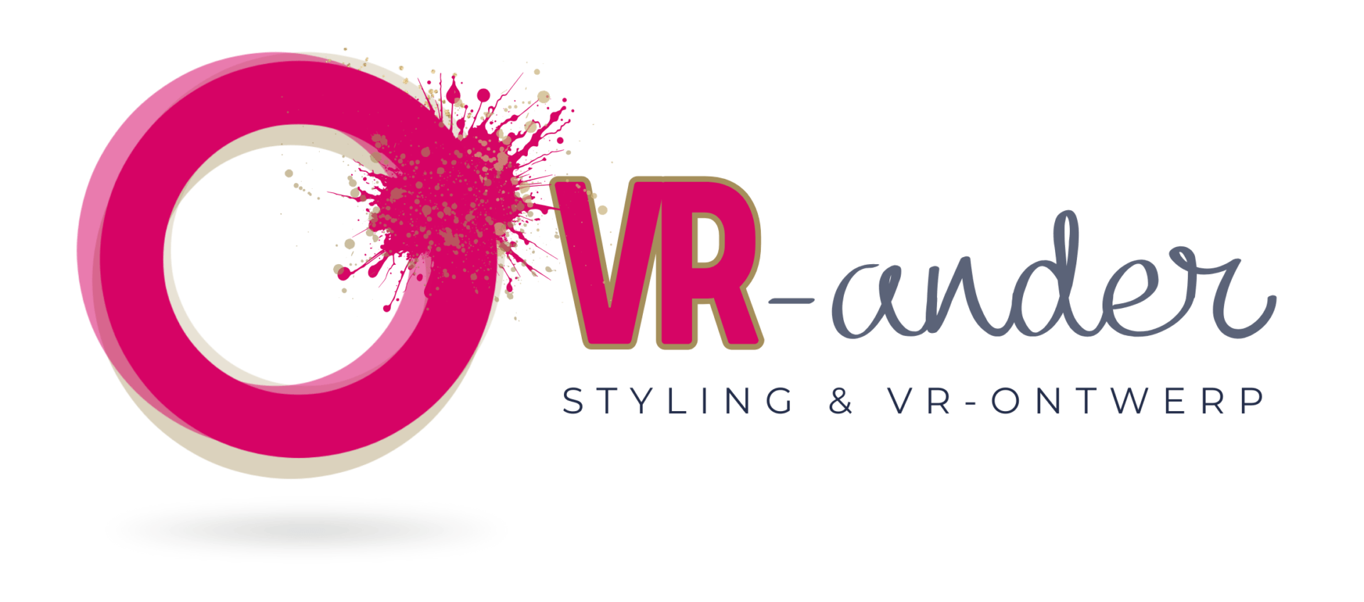 Logo met een roze en gouden ring bespat met roze verf, daarnaast de tekst "VR-ander" en daaronder "STYLING & VR-ONTWERP".