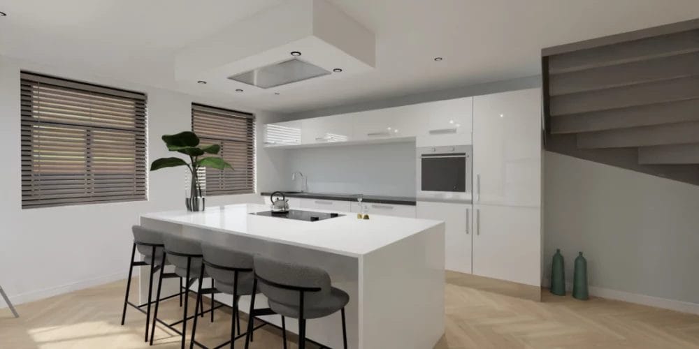 Een 3D-weergave van een moderne keuken. 3D ontwerp modelwoning, art impressions, virtual reality, VR