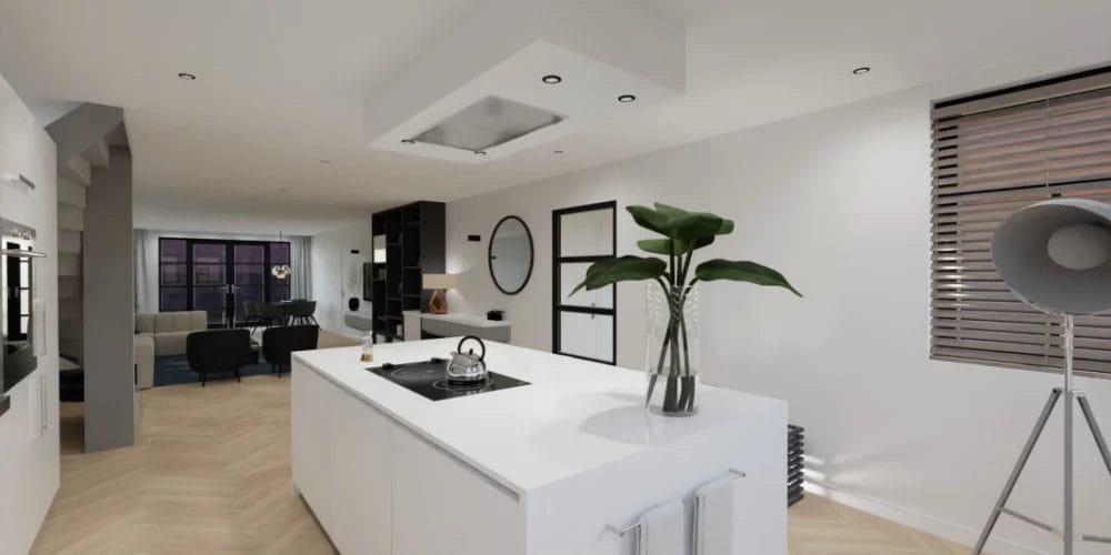 Een weergave van een moderne keuken met een wit eiland. 3D ontwerp modelwoning, art impressions, virtual reality, VR