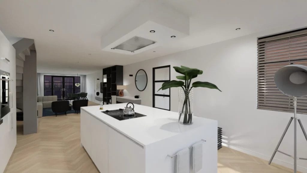 Een weergave van een moderne keuken met een wit eiland. 3D ontwerp modelwoning, art impressions, virtual reality, VR