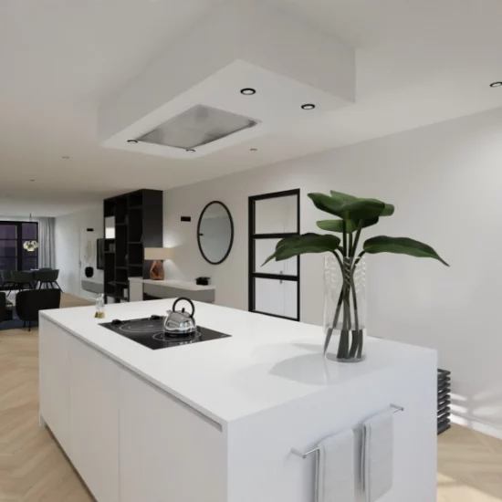 Een weergave van een moderne keuken met een wit eiland. 3D ontwerp modelwoning, art impressions, virtual reality, VR