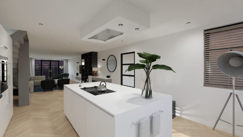 Een weergave van een moderne keuken met een wit eiland. 3D ontwerp modelwoning, art impressions, virtual reality, VR