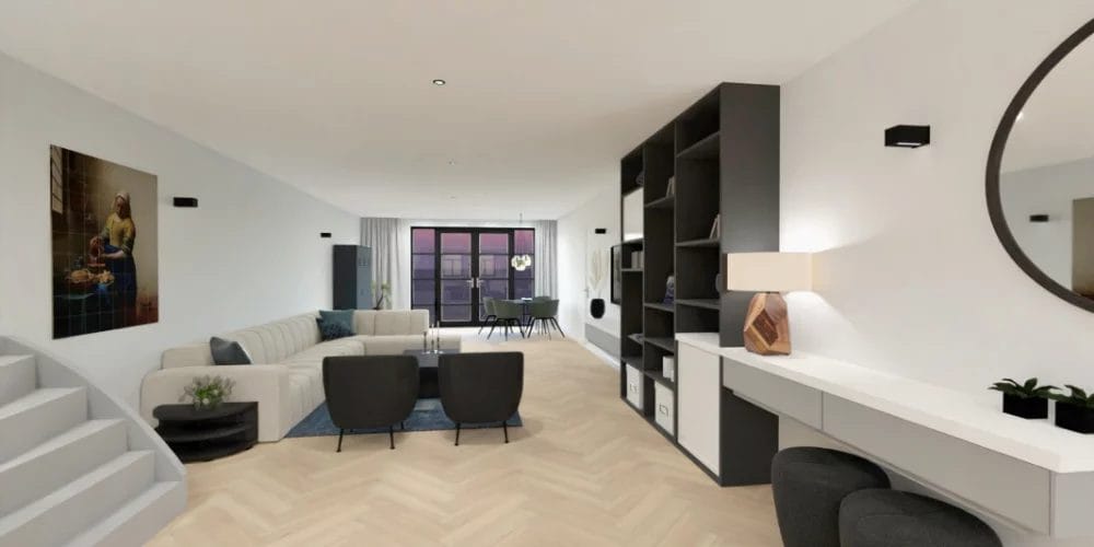 Een 3D-weergave van een woonkamer met trappen. 3D ontwerp modelwoning, art impressions, virtual reality, VR