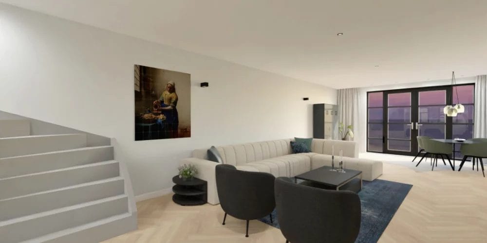 Een 3D-weergave van een woonkamer met trappen. 3D ontwerp modelwoning, art impressions, virtual reality, VR