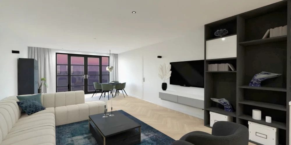 Een weergave van een woonkamer met een bank en tv. 3D ontwerp modelwoning, art impressions, virtual reality, VR