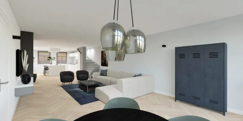 Een 3D-weergave van een woonkamer en eetkamer. 3D ontwerp modelwoning, art impressions, virtual reality, VR