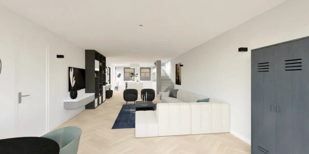 Een 3D-weergave van een woonkamer en keuken. 3D ontwerp modelwoning, art impressions, virtual reality, VR