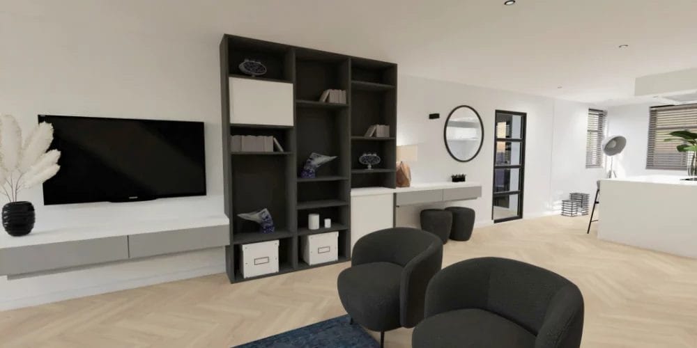 Een 3D-weergave van een moderne woonkamer. 3D ontwerp modelwoning, art impressions, virtual reality, VR