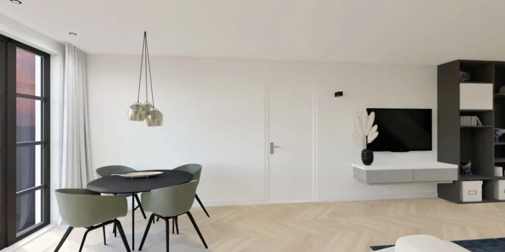 Een woonkamer met een ronde eettafel en stoelen. 3D ontwerp modelwoning, art impressions, virtual reality, VR