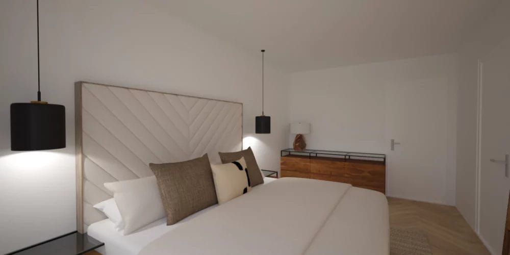 Een 3D-weergave van een slaapkamer met een bed en een lamp. 3D ontwerp modelwoning, art impressions, virtual reality, VR