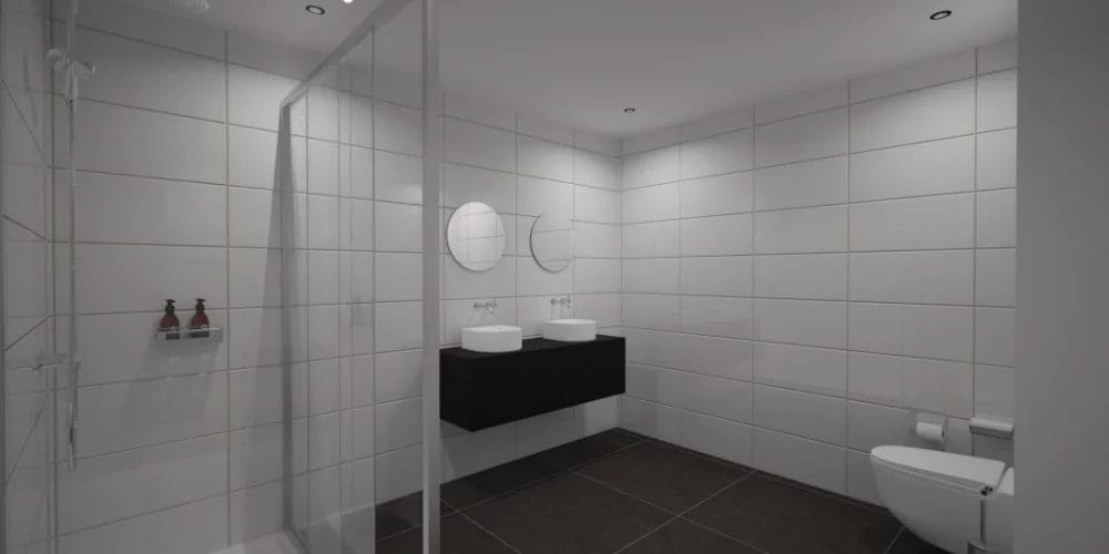 Een 3D-weergave van een badkamer met betegelde wanden. 3D ontwerp modelwoning, art impressions, virtaul reality