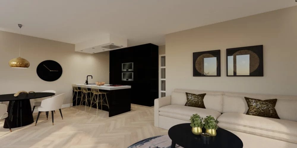 art impressions modelwoning Alkmaar, de Kooimeer, visgraadvloer met zwarte bies, luxe inrichting in VR en 3D, virtual reality ontwerp appartement