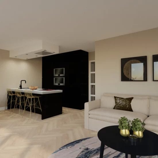 art impressions modelwoning Alkmaar, de Kooimeer, visgraadvloer met zwarte bies, luxe inrichting in VR en 3D, virtual reality ontwerp appartement