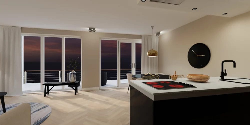art impressions modelwoning Alkmaar, de Kooimeer, visgraadvloer met zwarte bies, luxe inrichting in VR en 3D, virtual reality ontwerp appartement