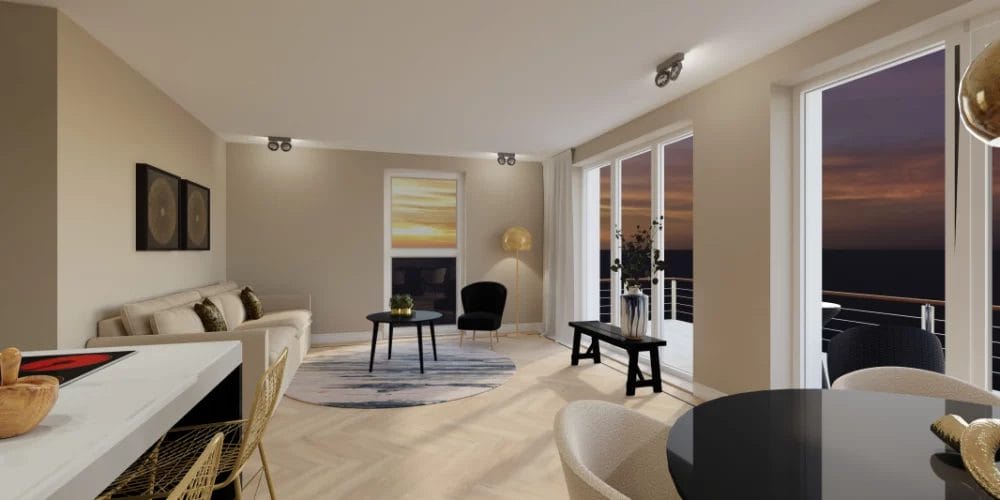art impressions modelwoning Alkmaar, de Kooimeer, visgraadvloer met zwarte bies, luxe inrichting in VR en 3D, virtual reality ontwerp appartement