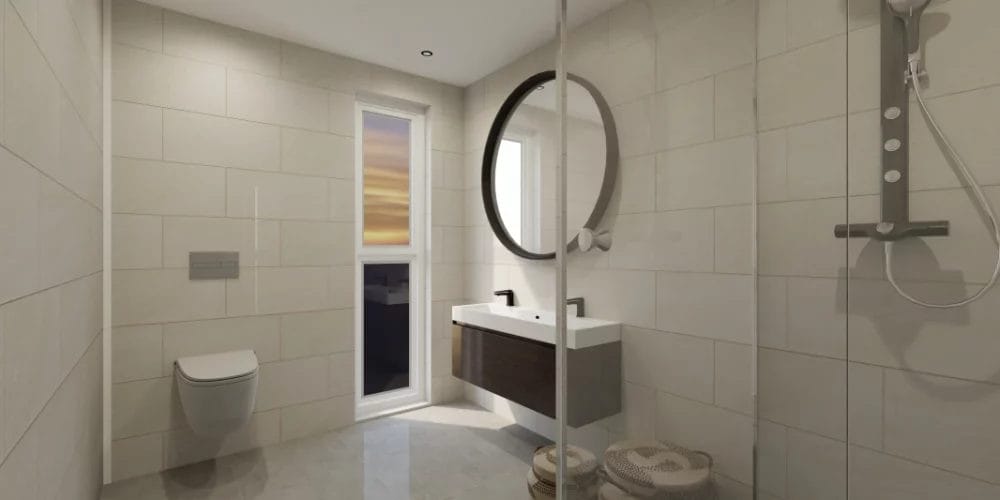 art impressions modelwoning Alkmaar, de Kooimeer, visgraadvloer met zwarte bies, luxe inrichting in VR en 3D, virtual reality ontwerp appartement, badkamer