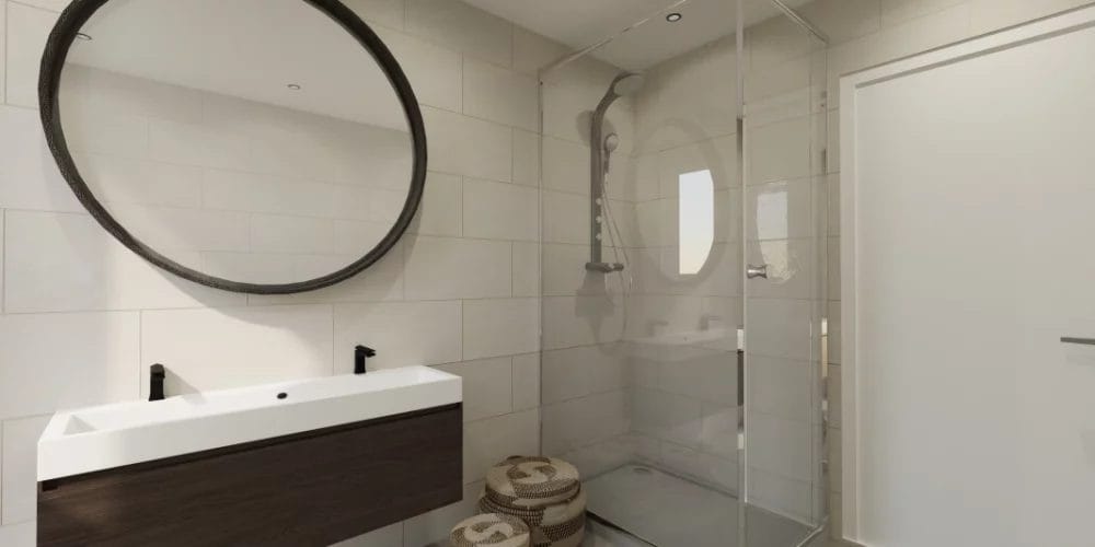 art impressions modelwoning Alkmaar, de Kooimeer, visgraadvloer met zwarte bies, luxe inrichting in VR en 3D, virtual reality ontwerp appartement, badkamer