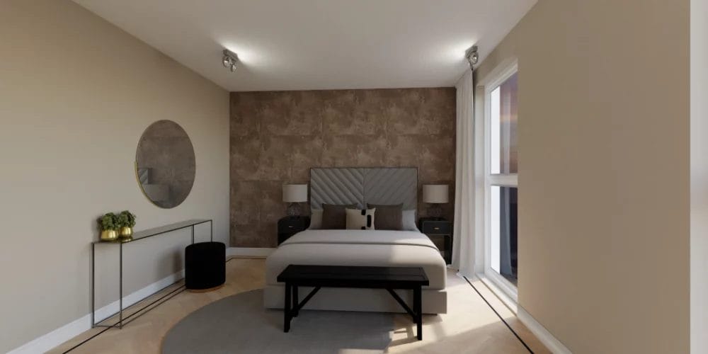 art impressions modelwoning Alkmaar, de Kooimeer, visgraadvloer met zwarte bies, luxe inrichting in VR en 3D, virtual reality ontwerp appartement, slaapkamer