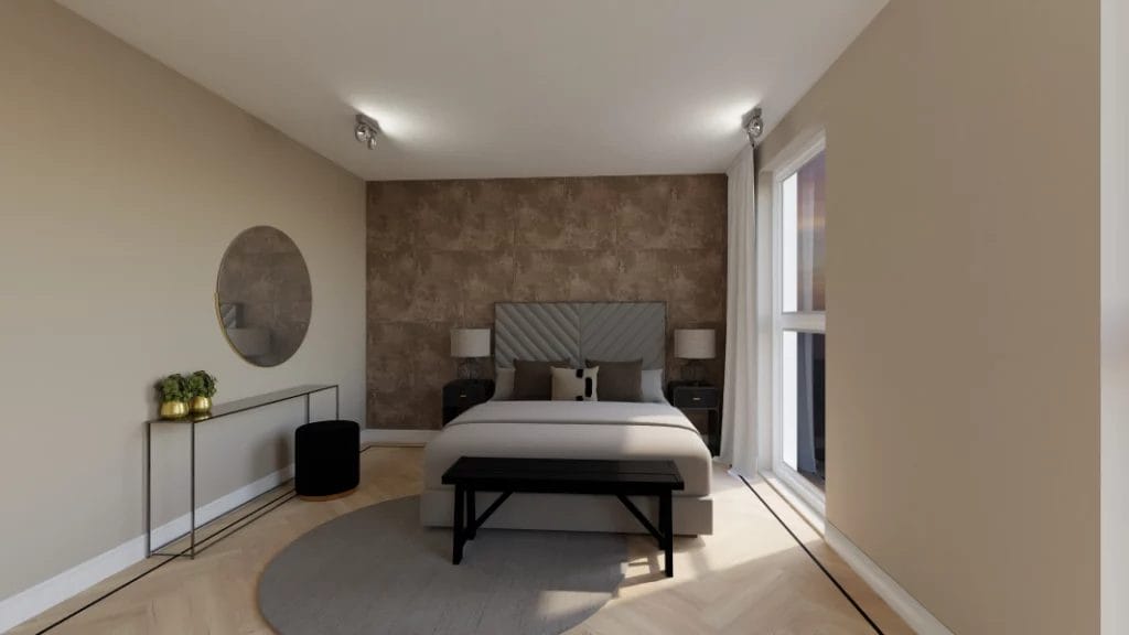 art impressions modelwoning Alkmaar, de Kooimeer, visgraadvloer met zwarte bies, luxe inrichting in VR en 3D, virtual reality ontwerp appartement, slaapkamer