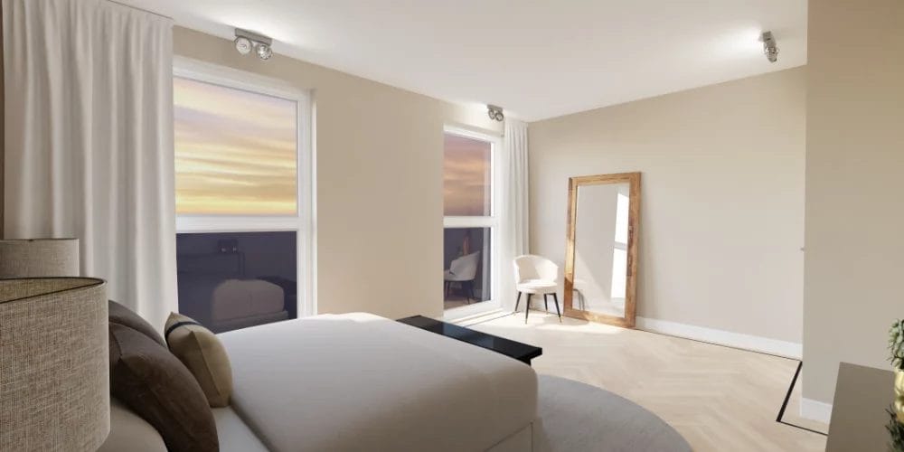 art impressions modelwoning Alkmaar, de Kooimeer, visgraadvloer met zwarte bies, luxe inrichting in VR en 3D, virtual reality ontwerp appartement, slaapkamer