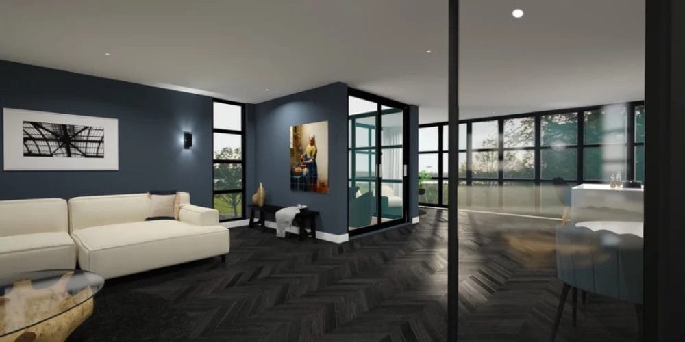 Een weergave van een woonkamer met blauwe muren. Een 3D-weergave van een woonkamer met blauwe muren en witte meubels. VR, virtual reality