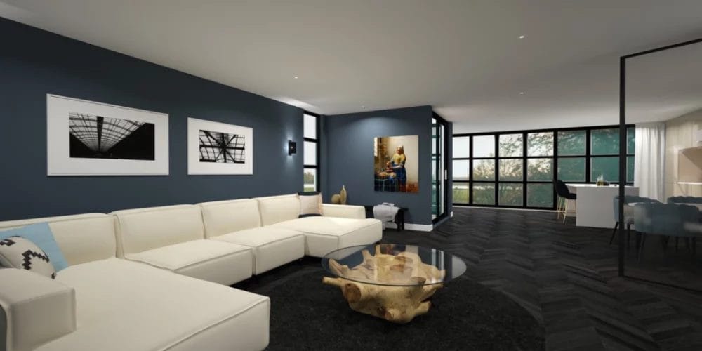 Een 3D-weergave van een woonkamer met blauwe muren en witte meubels. VR, virtual reality