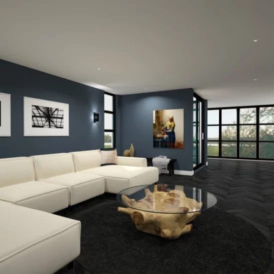 Een 3D-weergave van een woonkamer met blauwe muren en witte meubels. VR, virtual reality