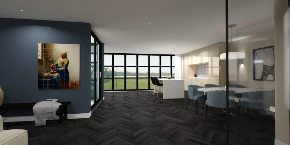 Een 3D-weergave van een woonkamer.Een 3D-weergave van een woonkamer met blauwe muren. VR-ontwerp, virtual reality