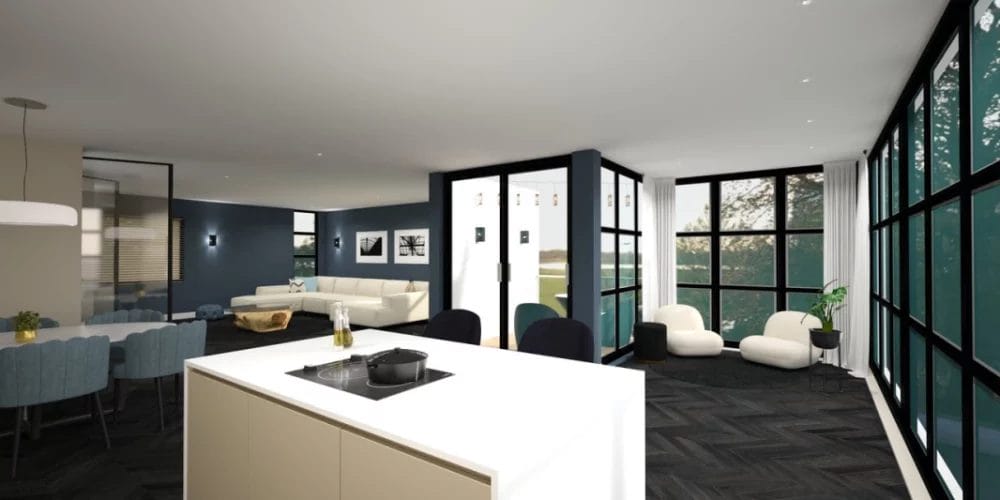 Een 3D weergave van een keuken en woonkamer.Een 3D-weergave van een woonkamer met blauwe muren. VR-ontwerp, virtual reality