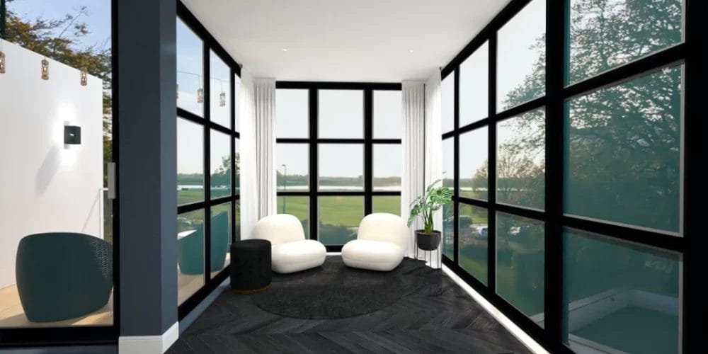 Een 3D-weergave van een woonkamer met grote ramen.Een 3D-weergave van een woonkamer met blauwe muren. VR-ontwerp, virtual reality