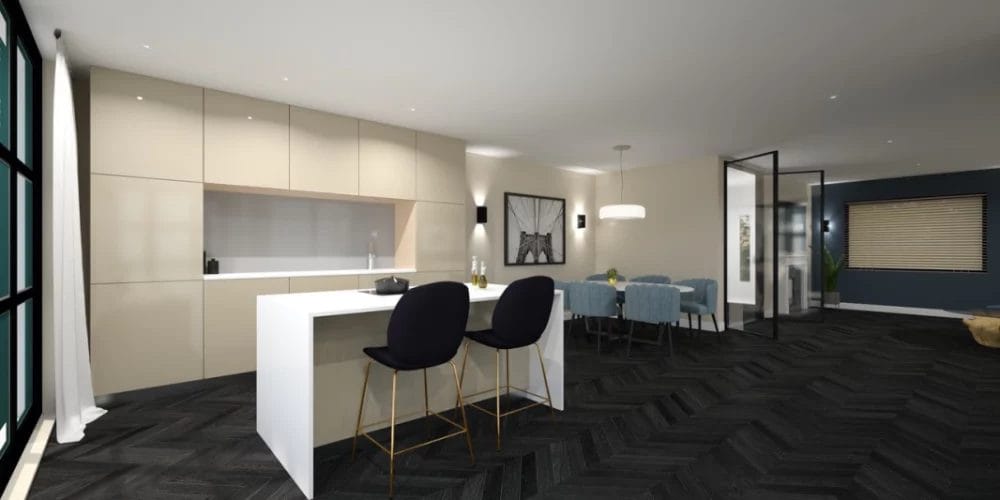 Een 3D-weergave van een keuken en een eethoek.Een 3D-weergave van een woonkamer met blauwe muren. VR-ontwerp, virtual reality