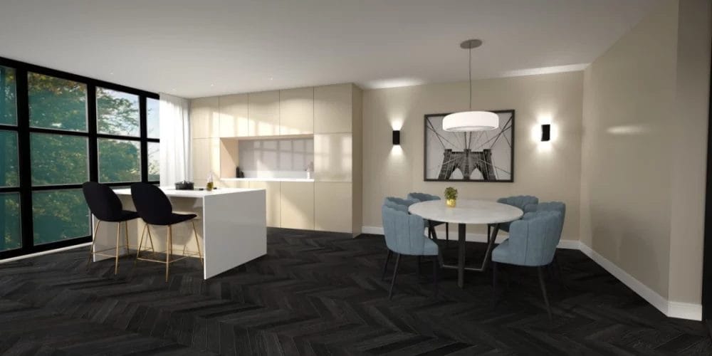 Een 3D-weergave van een keuken en eetkamer.Een 3D-weergave van een woonkamer met blauwe muren. VR-ontwerp, virtual reality