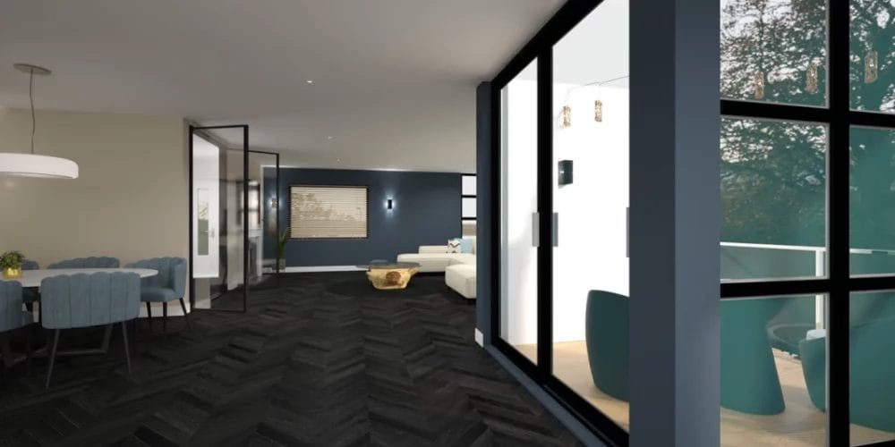 Een 3D-weergave van een woonkamer en eetkamer. Een 3D-weergave van een woonkamer met blauwe muren. VR-ontwerp, virtual reality