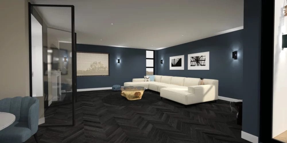 Een 3D-weergave van een woonkamer met blauwe muren. VR-ontwerp, virtual reality