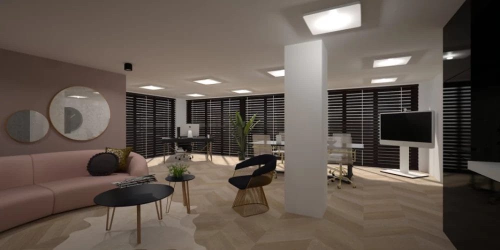 Een 3D-weergave van een woonkamer met roze meubels.Een 3D-weergave van een kantoorruimte. VR, Virtual Reality