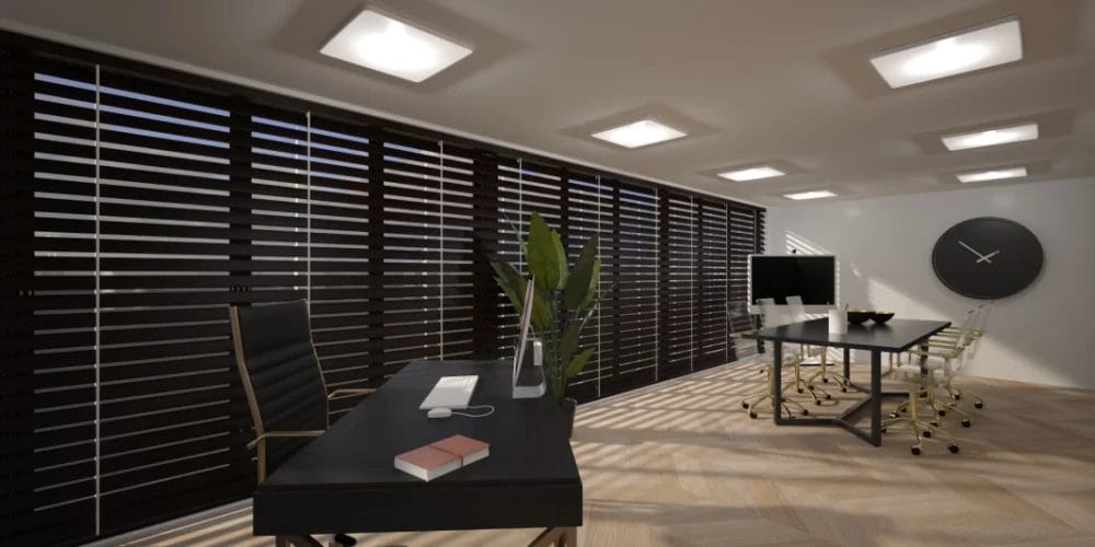 Een 3D-weergave van een kantoor met houten jaloezieën en een klok.Een 3D-weergave van een kantoorruimte. VR, Virtual RealityEen 3D-weergave van een kantoorruimte. VR, Virtual Reality