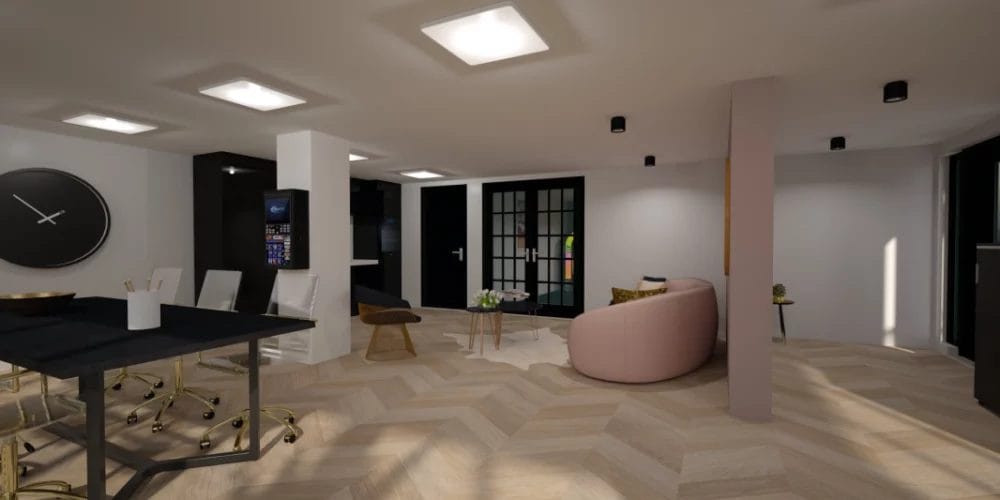 Een 3D-weergave van een kantoorruimte. VR, Virtual Reality