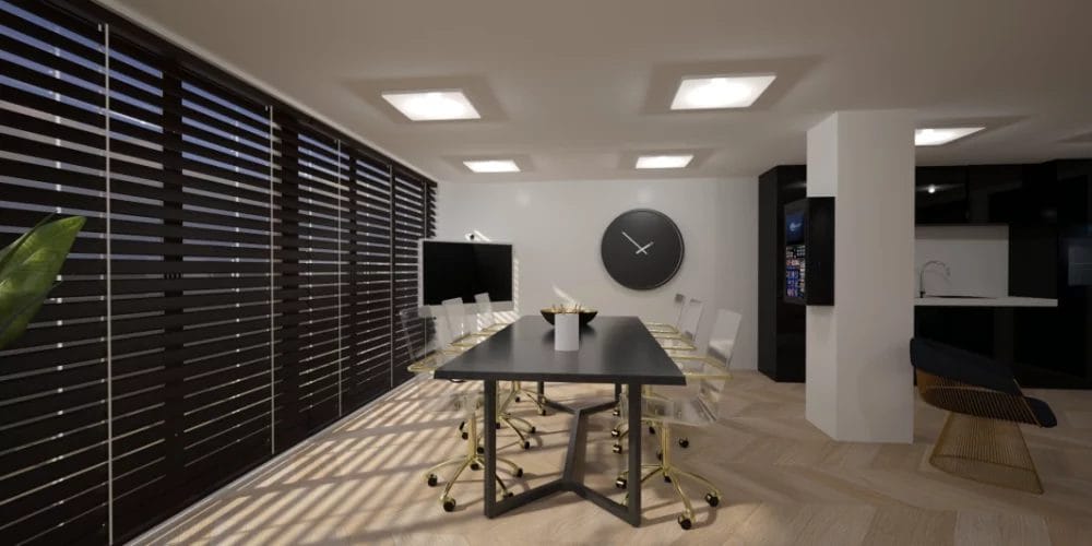 Een 3D-weergave van een kantoorruimte. VR, Virtual Reality