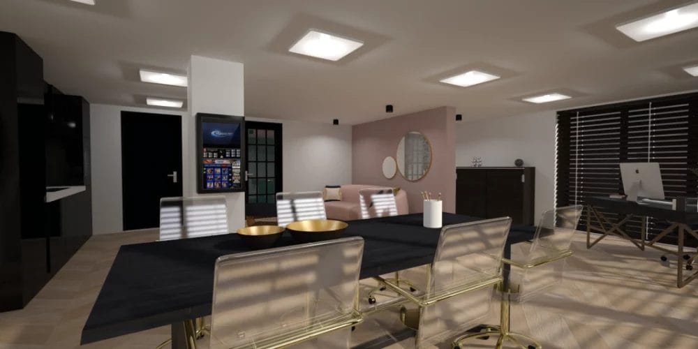 Een 3D-weergave van een kantoorruimte. VR, Virtual Reality