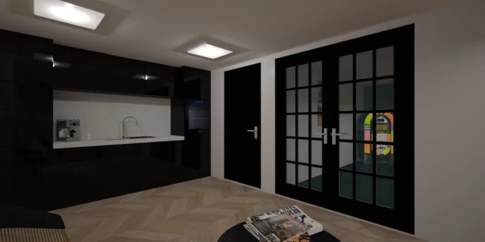 Een 3D-weergave van een zwart-witte woonkamer, VR-ontwerp kantoor, Virtual reality