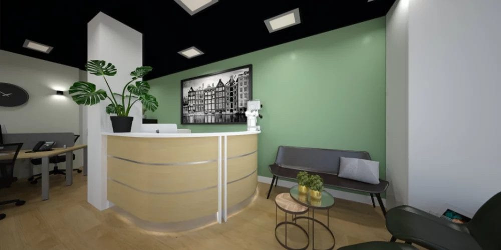 art impression kantoor Ridderkerk, Virtual reality ontwerp makelaarskantoor, balie, zwart plafond, taatsdeuren