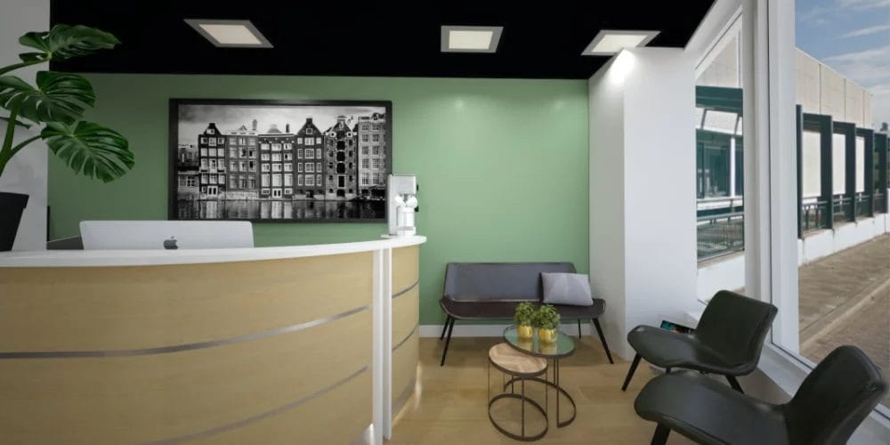 Een 3D-weergave van een ontvangstruimte in een medisch kantoor.
