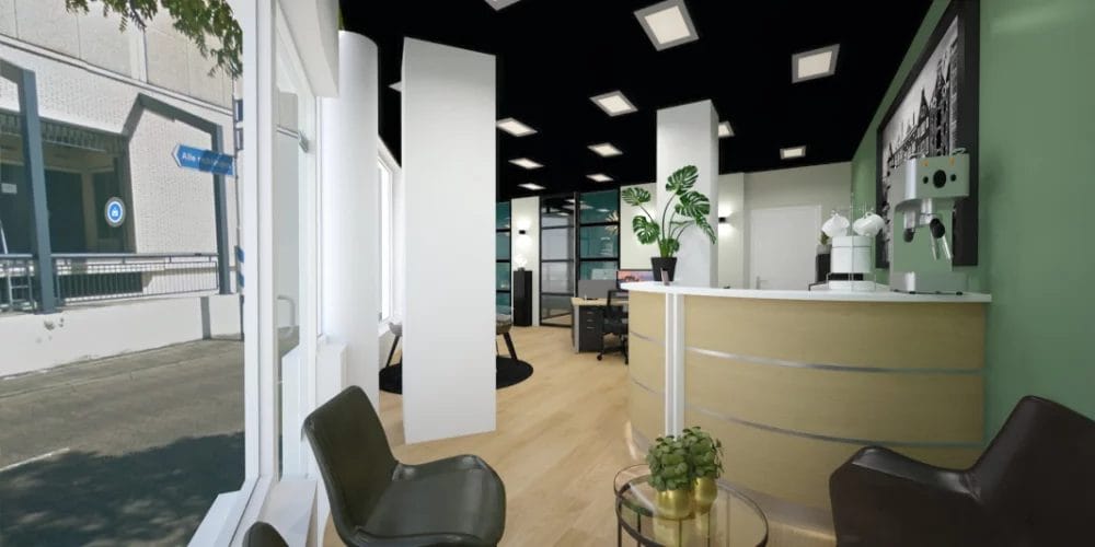 art impression kantoor Ridderkerk, Virtual reality ontwerp makelaarskantoor, balie, zwart plafond, taatsdeuren