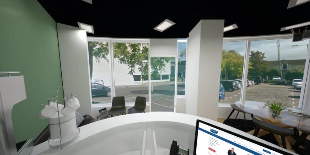 art impression kantoor Ridderkerk, Virtual reality ontwerp makelaarskantoor, balie, zwart plafond, taatsdeuren