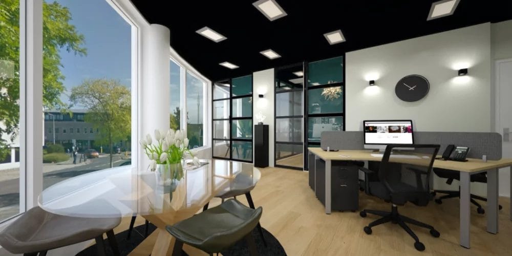 art impression kantoor Ridderkerk, Virtual reality ontwerp makelaarskantoor, balie, zwart plafond, taatsdeuren