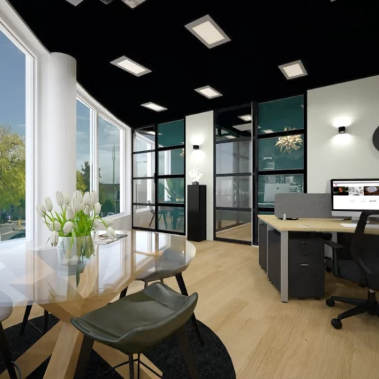 art impression kantoor Ridderkerk, Virtual reality ontwerp makelaarskantoor, balie, zwart plafond, taatsdeuren