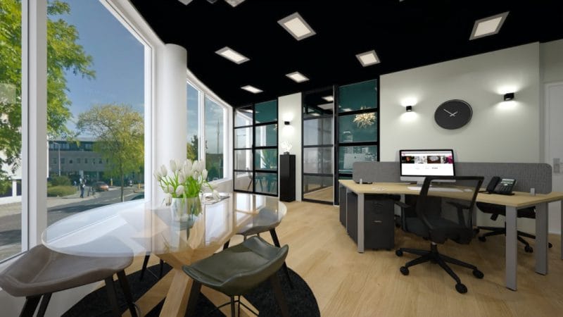 art impression kantoor Ridderkerk, Virtual reality ontwerp makelaarskantoor, balie, zwart plafond, taatsdeuren
