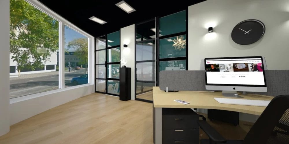 art impression kantoor Ridderkerk, Virtual reality ontwerp makelaarskantoor, balie, zwart plafond, taatsdeuren