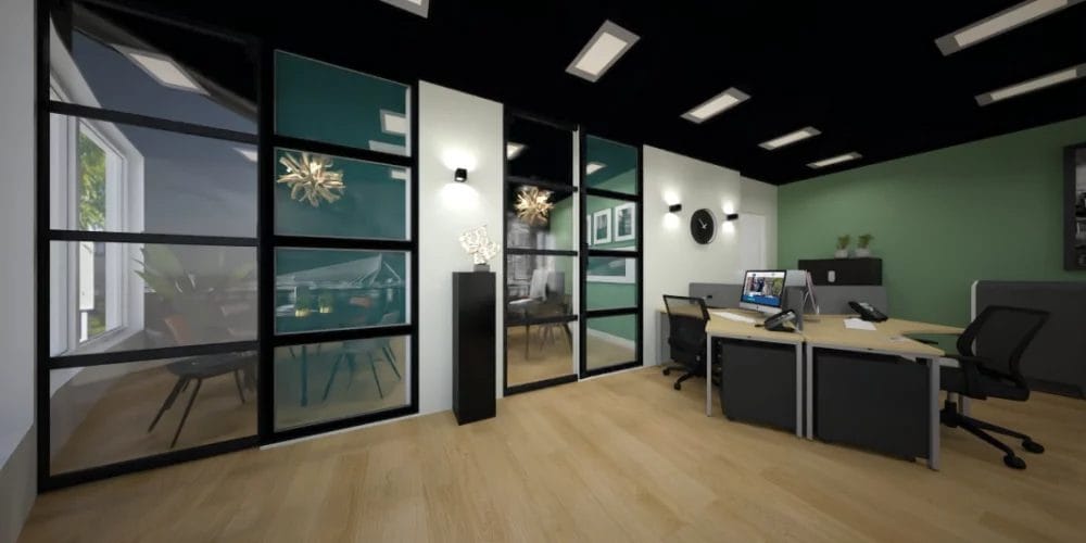 art impression kantoor Ridderkerk, Virtual reality ontwerp makelaarskantoor, balie, zwart plafond, taatsdeuren